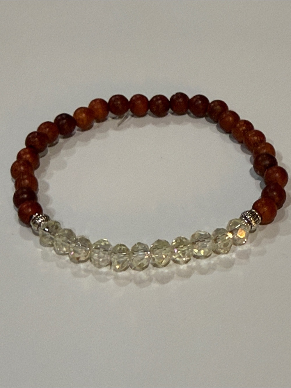 Wood Beaded Stretch Bracelet with Faceted Pale Yellow Crystal Accents Size 8